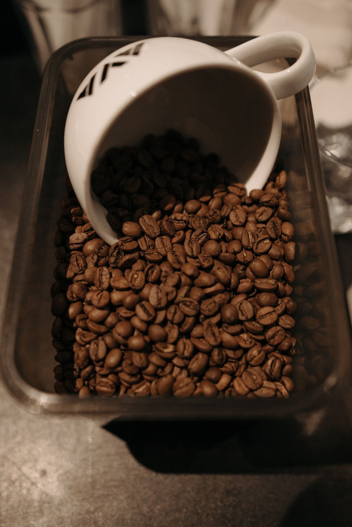 Roasted coffee beans overflowing from a white cup